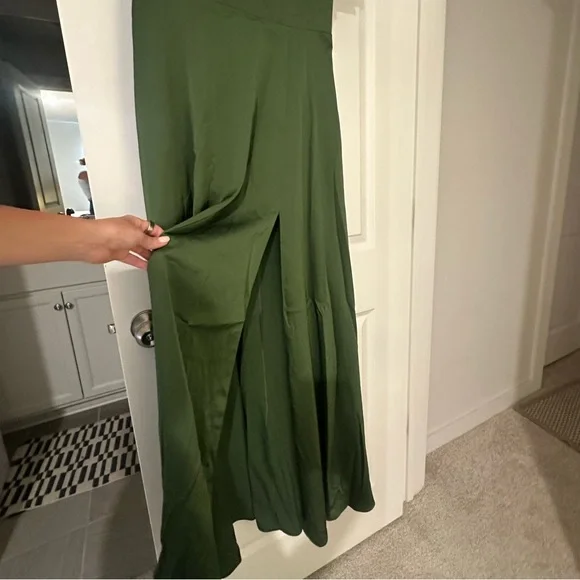 AZAZIE KIMBER Olive A-Line Ruched Stretch Satin Dress - Picture 9 of 10